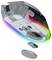Explosionszeichnung einer kabellose Gaming-Maus mit transparenter Schale, mehrfarbiger RGB-Kantenbeleuchtung, inneren Komponenten und abnehmbarem Boden.