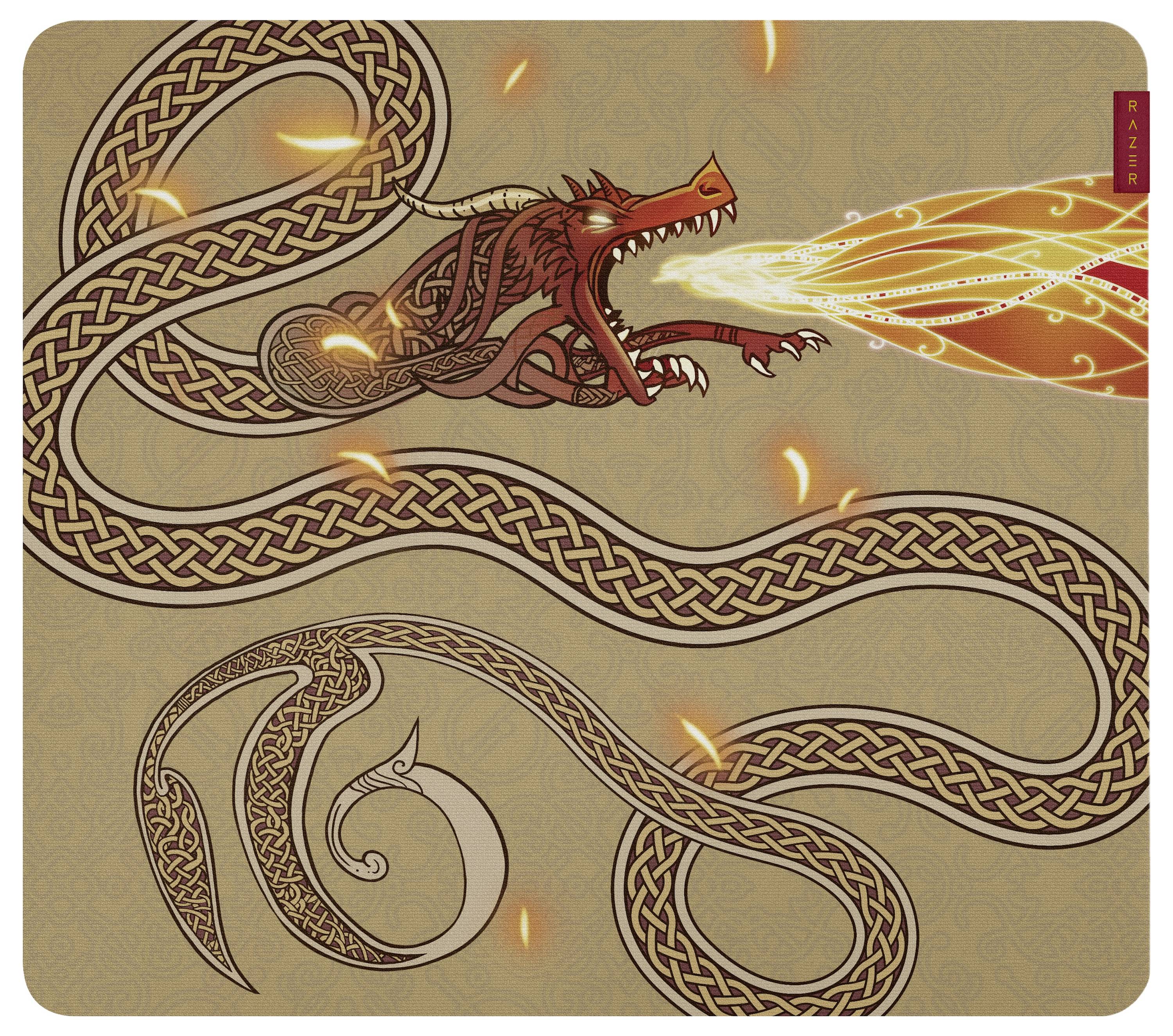 Illustration eines roten Drachen, der in keltische Flechtwerke verwickelt ist und orange Feuer nach rechts auf einem beigen gemusterten Hintergrund ausstößt.