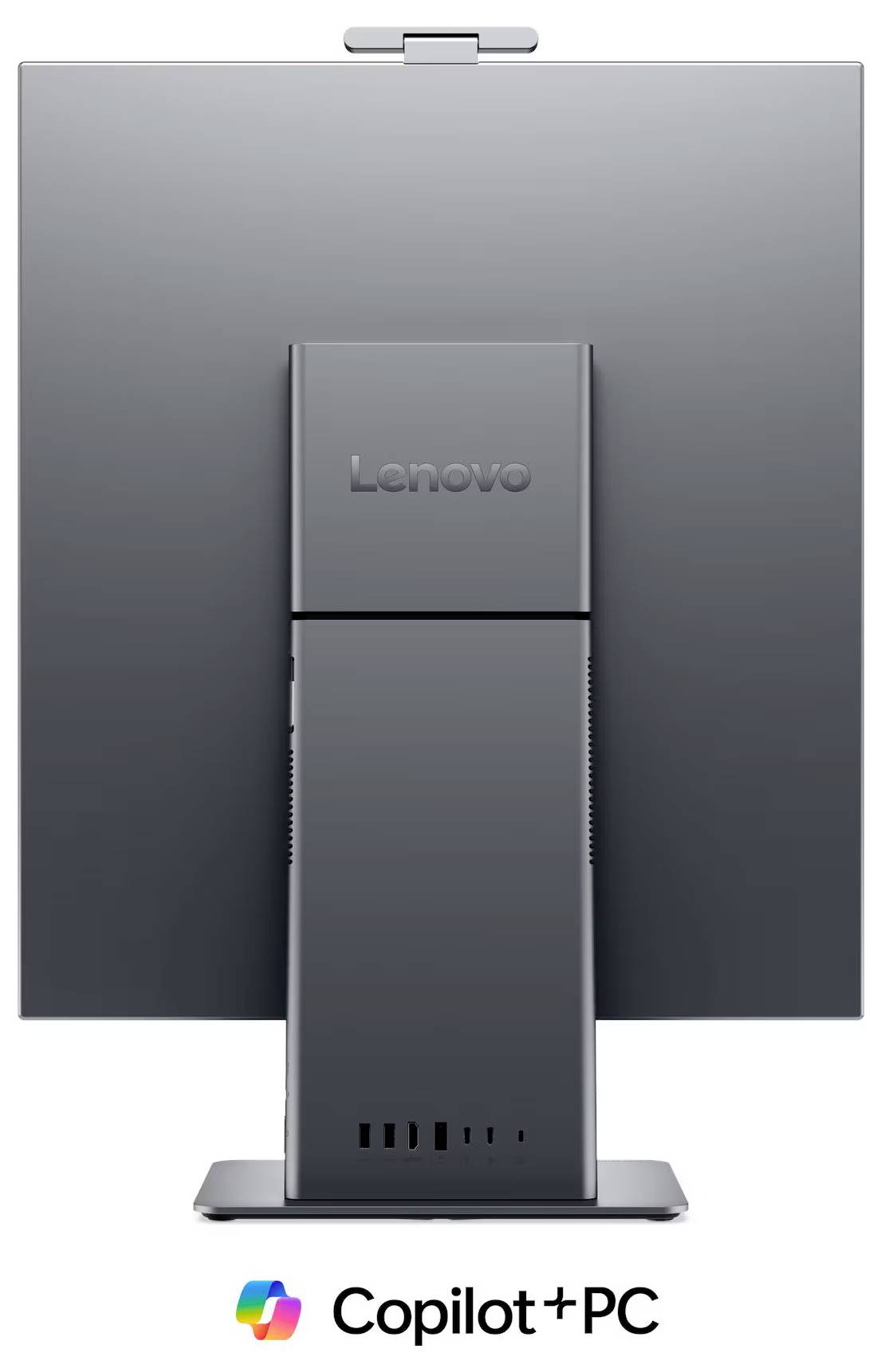 Rückansicht eines Lenovo-Monitors mit angedocktem Copilot+ PC Mini-Tower auf dem Ständer, dargestellt mit dem Copilot+ PC-Logo darunter.