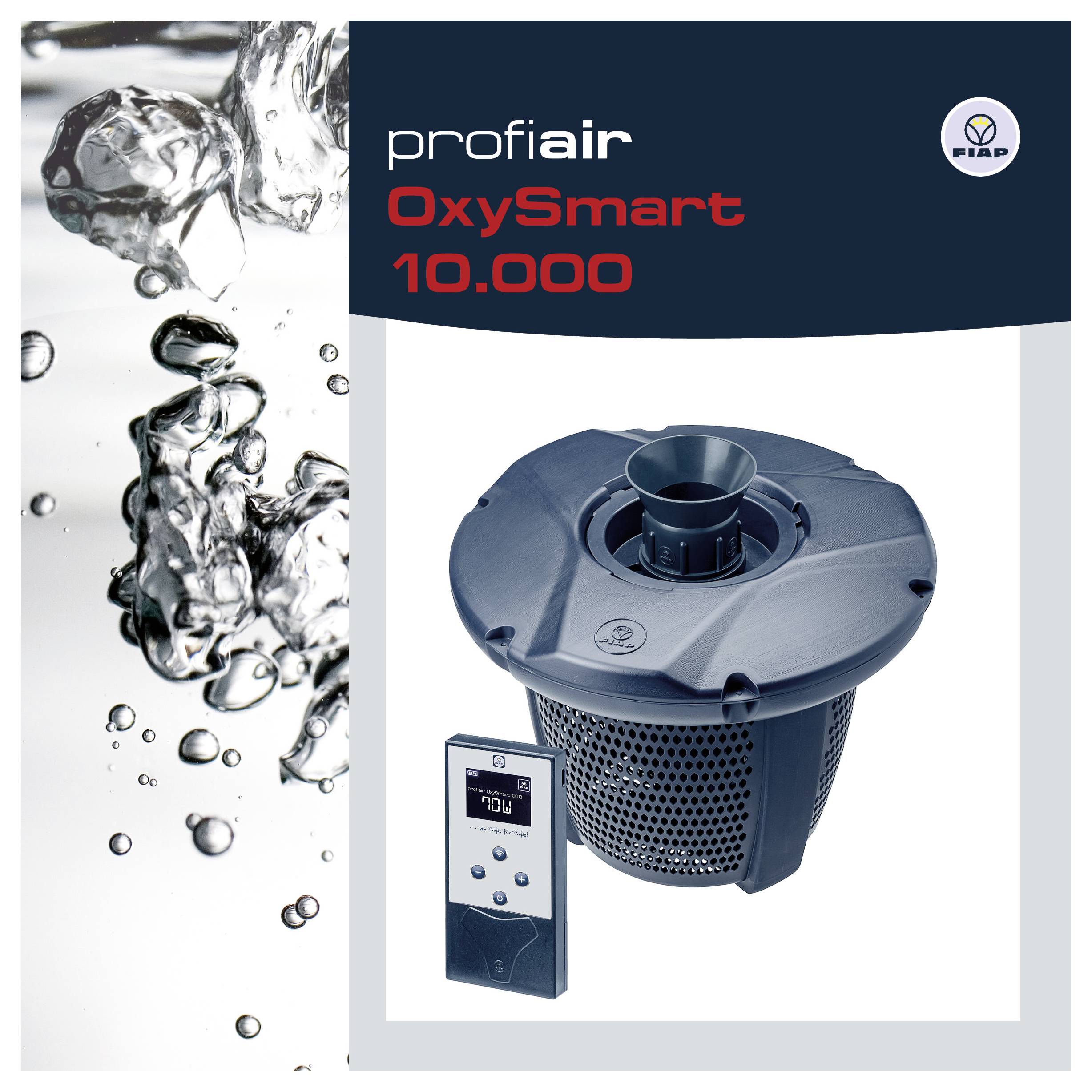 Produktpromo für „profi air OxySmart 10.000" zeigt ein Pool-Belüftungsgerät mit separatem digitalen Bedienfeld und Wasserspritzern.