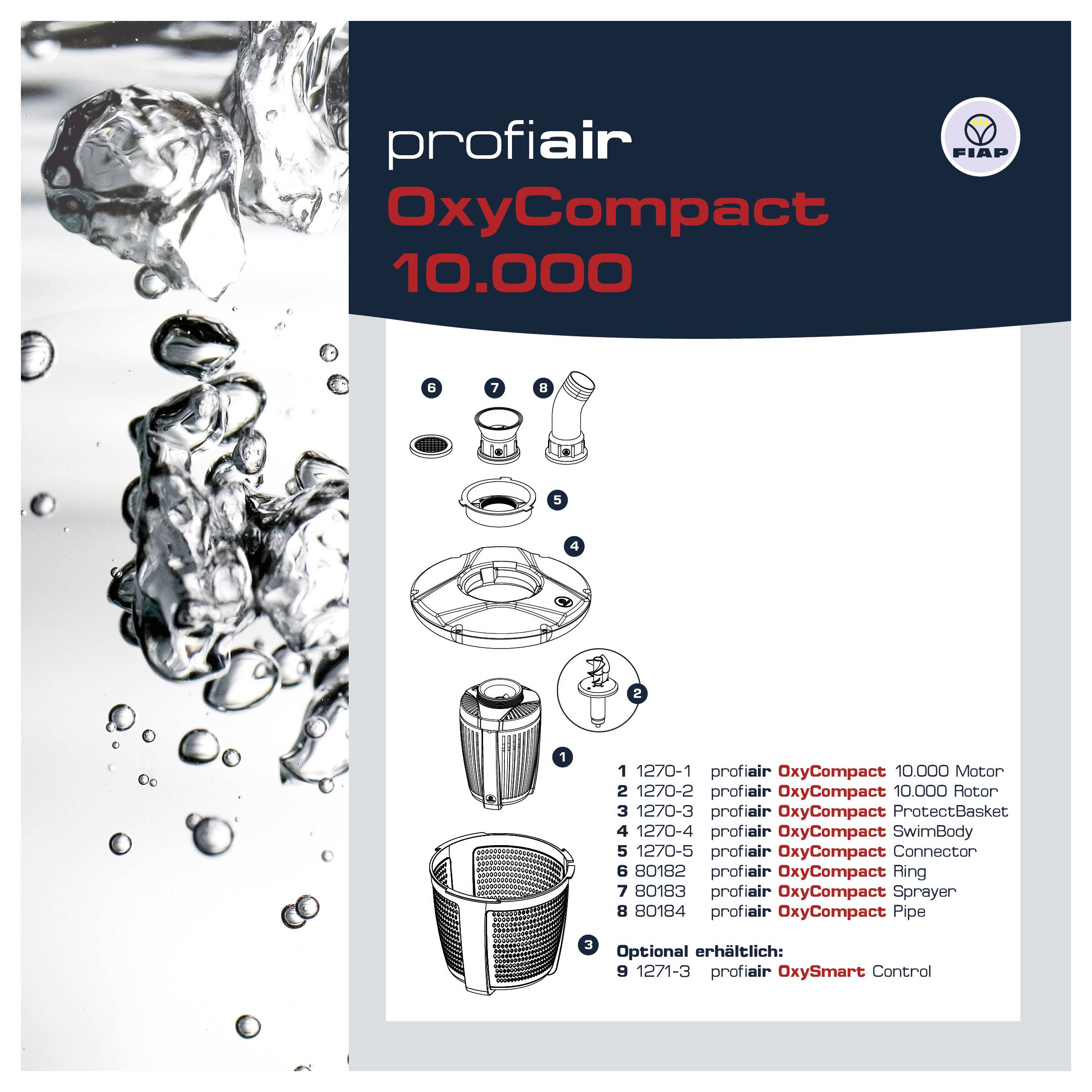 Produktdiagramm für profi air OxyCompact 10.000 mit zerlegten Teilen eines Motors, Rotors, Korbs, Schwingkörpers, Verbinders, Rings, Sprühers und Rohrs sowie optionaler OxySmart-Steuerung.