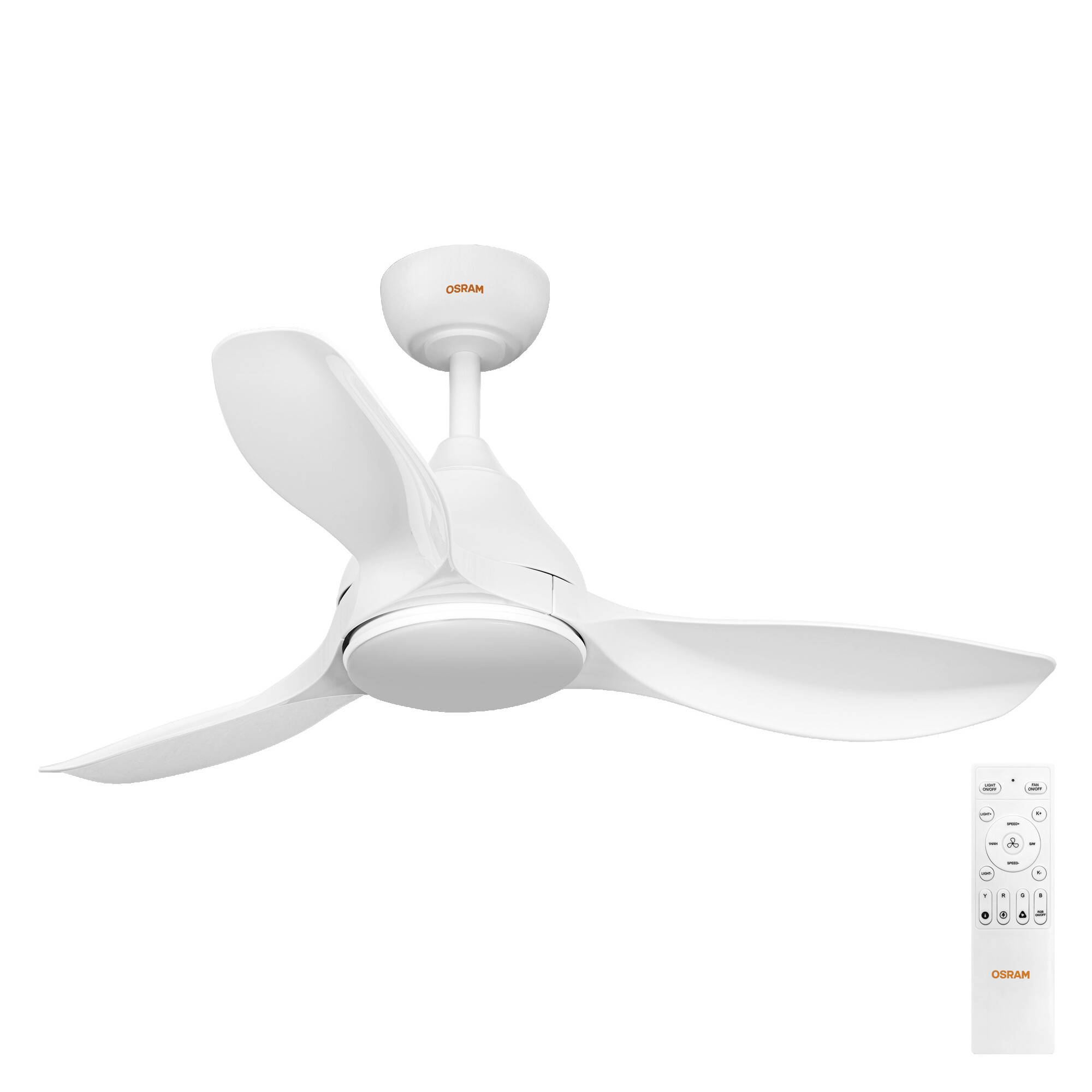Weißer Deckenventilator mit drei Blättern und integrierter Leuchte, abgebildet mit einer Fernbedienung für verstellbare Einstellungen.