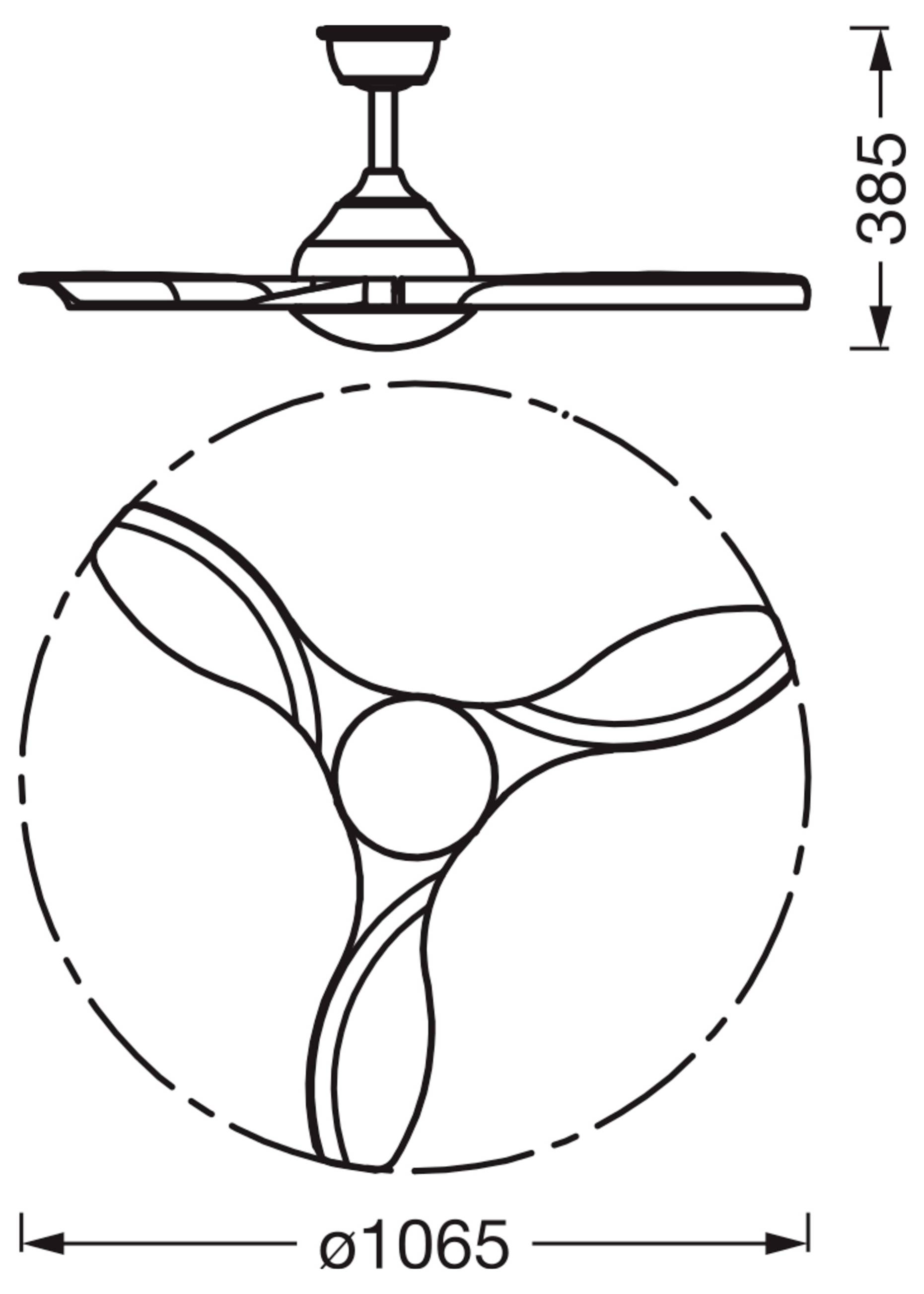 Deckenventilator-Diagramm mit einer Höhe von 385 mm und einem Durchmesser von 1065 mm, mit drei Blättern innerhalb eines gestrichelten Kreisbereichs.
