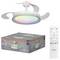 OSRAM-Deckenventilator mit farbwechselndem LED-Ring, Verpackung mit Karton wie unten gezeigt, und eine Fernbedienung zum Einstellen von Licht- und Ventilatoreinstellungen.