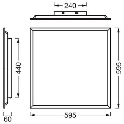 Technische Zeichnung eines quadratischen Panels oder Spiegels mit Vorder-, Seiten- und Draufsicht mit den Abmessungen 595 mm x 595 mm, Tiefe 60 mm und Montagebr eite 240 mm.