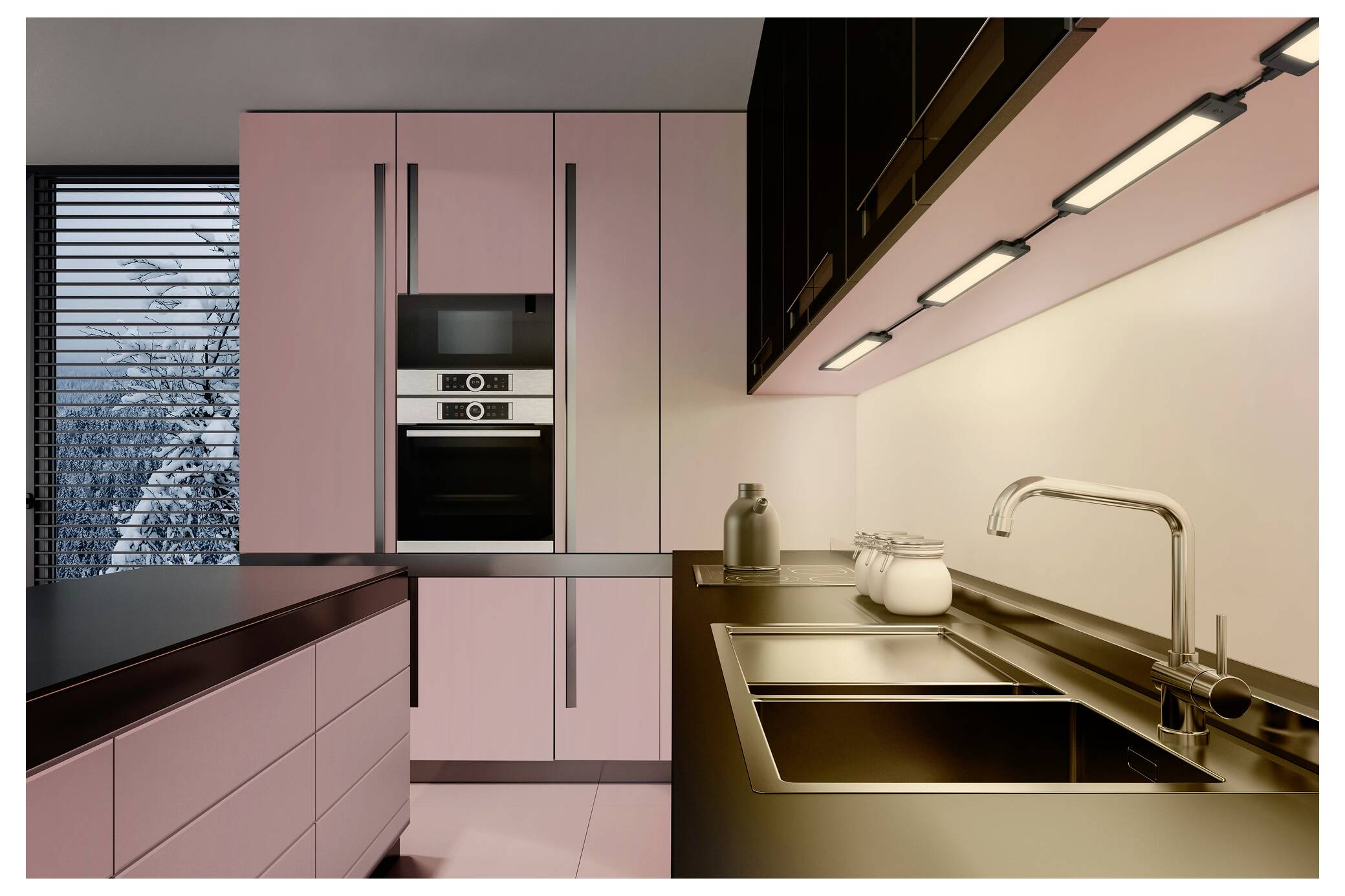 Moderne rosa Küche mit eingebautem Ofen und Schränken, Spüle, Arbeitsplatte, Unterschrank-Leuchten und Fenster-Jalousien.