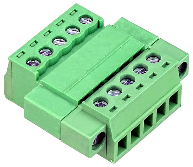 Grüner Stromverteiler-Anschlussklemmenblock mit Schraubklemmen und Drahteinführungsschlitzen, dargestellt auf weißem Hintergrund.