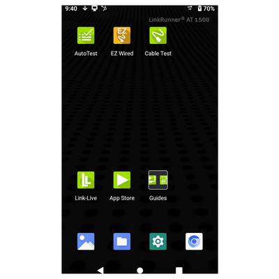 Android-Startbildschirm mit LinkRunner AT 1500-App-Symbolen: AutoTest, EZ Wired, Cable Test, Link-Live, App Store, Guides, Photos, Files, Settings und Camera.