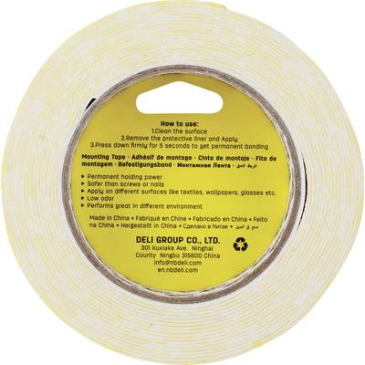 Rolle mit doppelseitigem Klebeband mit gelbem Etikett, das Gebrauchsanweisungen und Produktdetails enthält.
