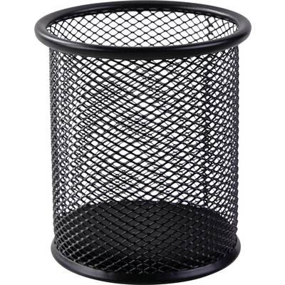Schwarzer Mesh-Stifthalter für den Schreibtisch auf weißem Hintergrund.
