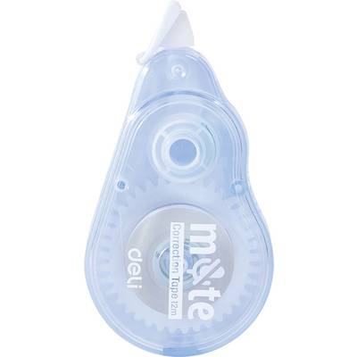 Blauer Korrekturband-Spender mit durchscheinendem Gehäuse und weißer Kappe, beschriftet mit „myte correction tape 12m" und „deli".