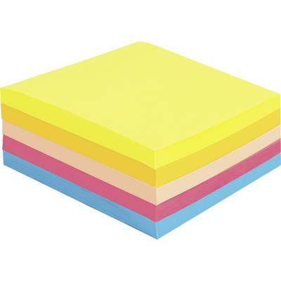 Stapel farbiger quadratischer Haftnotizen, in Perspektive dargestellt mit gelben oberen Blättern über rosa, pfirsich- und blauen Schichten.