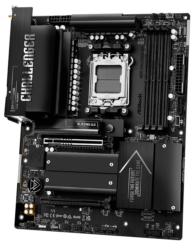 Schwarzes ASRock CATALYST Motherboard mit Intel-CPU-Sockel, RAM-Steckplätzen, Kühlkörpern und PCIe-Erweiterungssteckplätzen auf weißem Hintergrund dargestellt.