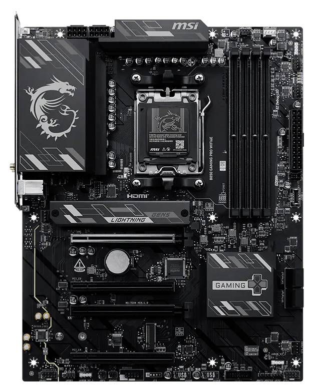 MSI Gaming Motherboard mit AMD Socket, mehrere RAM- und Erweiterungssteckplätze, M.2 Kühlkörper und "LIGHTNING"- und "GAMING"-Branding.