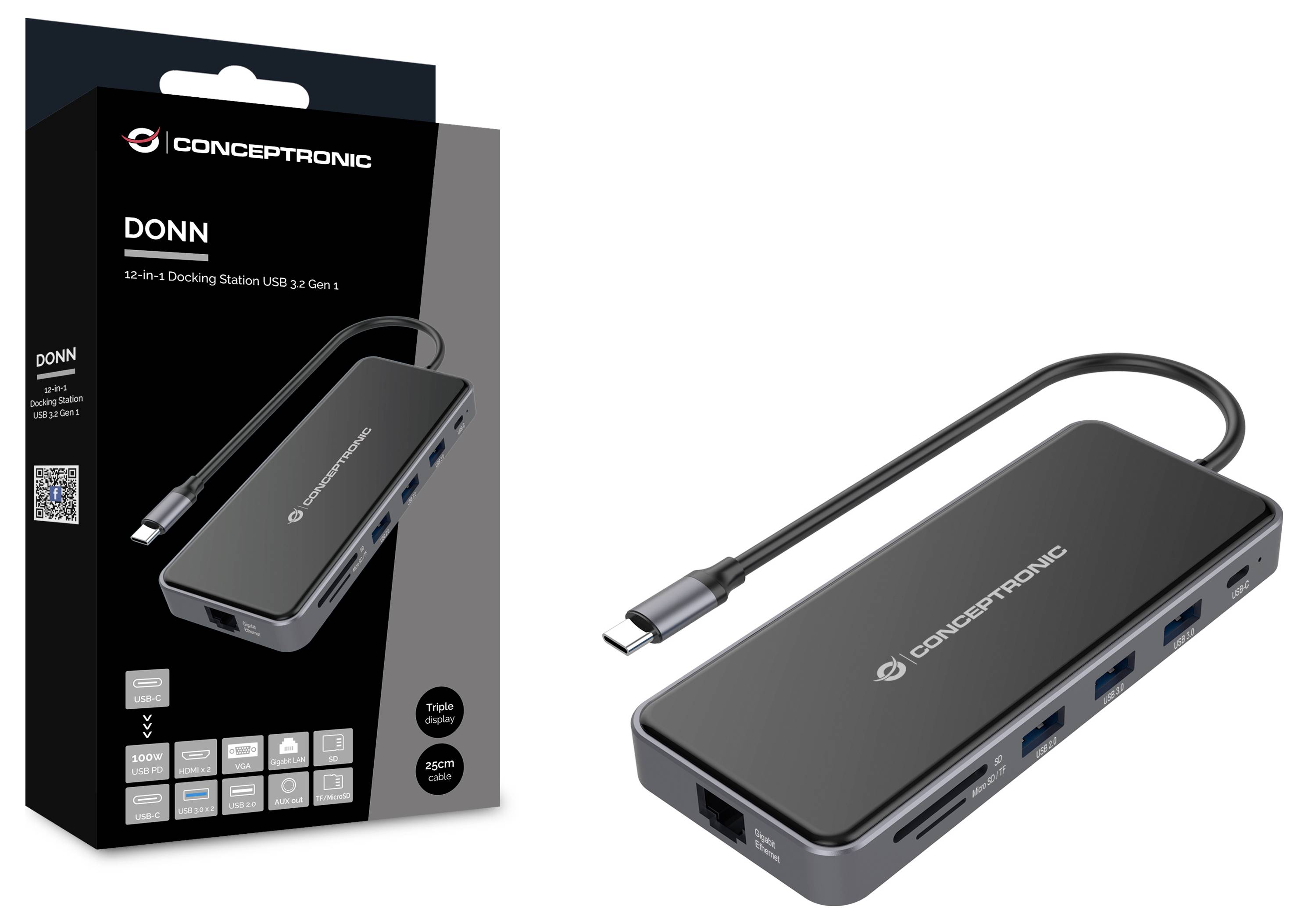 Concepttronic DONN USB-C Dockingstation in Verpackung und als kompakter Hub mit mehreren Anschlüssen und angeschlossenem Kabel.