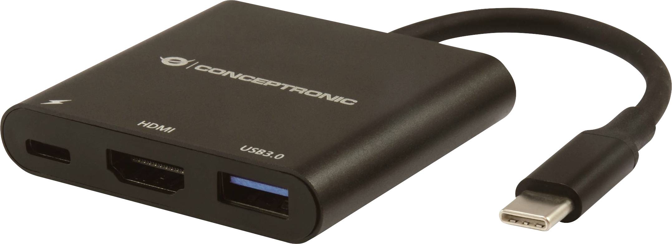 USB-C-Hub-Adapter mit HDMI-, USB 3.0- und USB-C-Anschlüssen, abgebildet mit angeschlossenem Kabel.