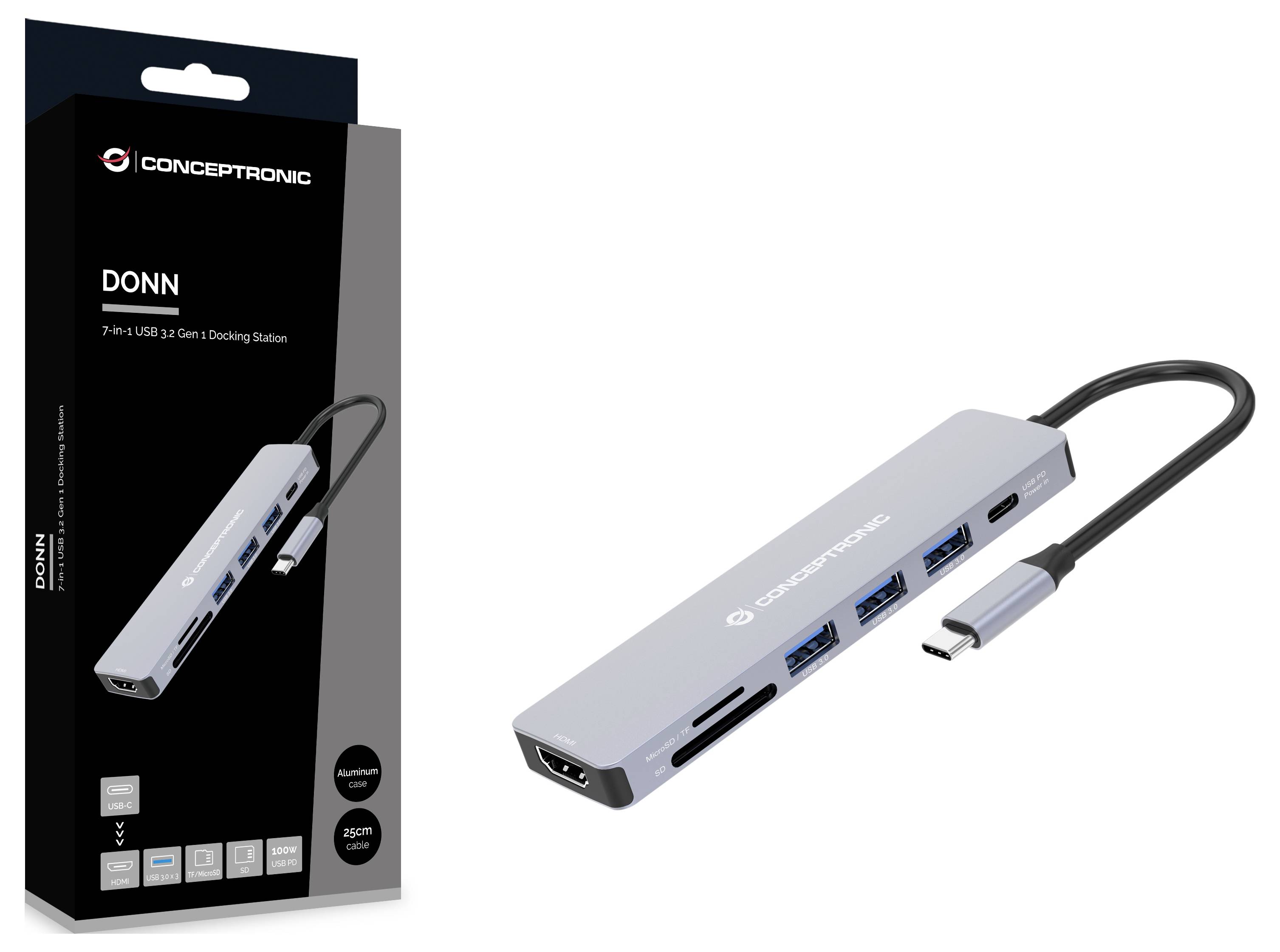 Conceptronic DONN 7-in-1 USB-C Dockingstation, abgebildet auf der Produktverpackung und als silberner Hub mit mehreren USB-Anschlüssen und Kabel.