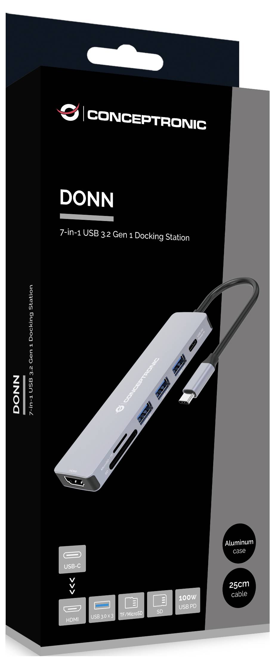 Concepttronics DONN 7-in-1 USB 3.2 Gen1 Dockingstation-Paket, zeigt den silbernen Hub mit mehreren Anschlüssen und das enthaltene 25cm USB-C-Kabel.