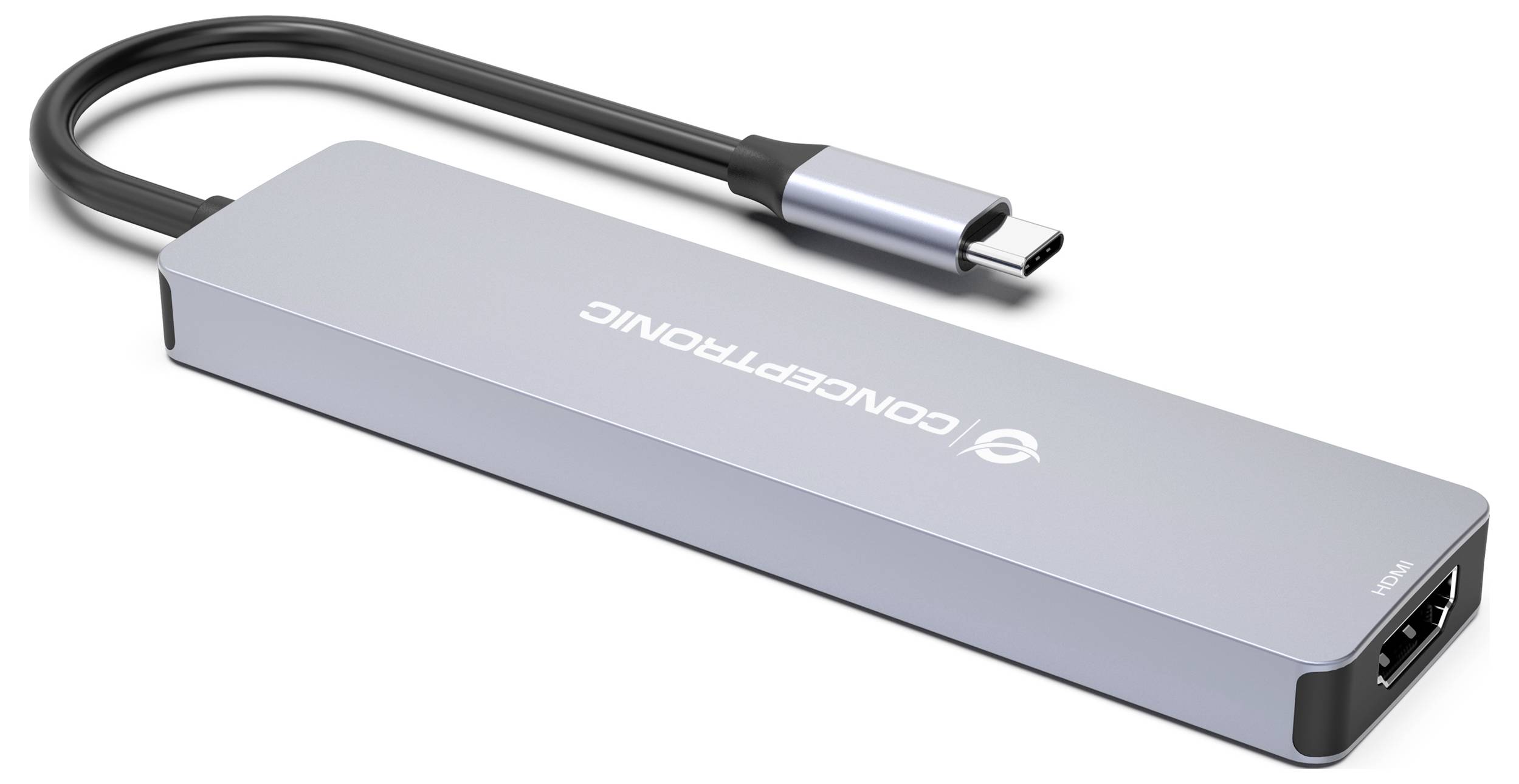 Schlanker grauer ConnecTonic USB-C-Hub mit angeschlossenem Kabel und HDMI-Anschluss auf weißem Hintergrund.