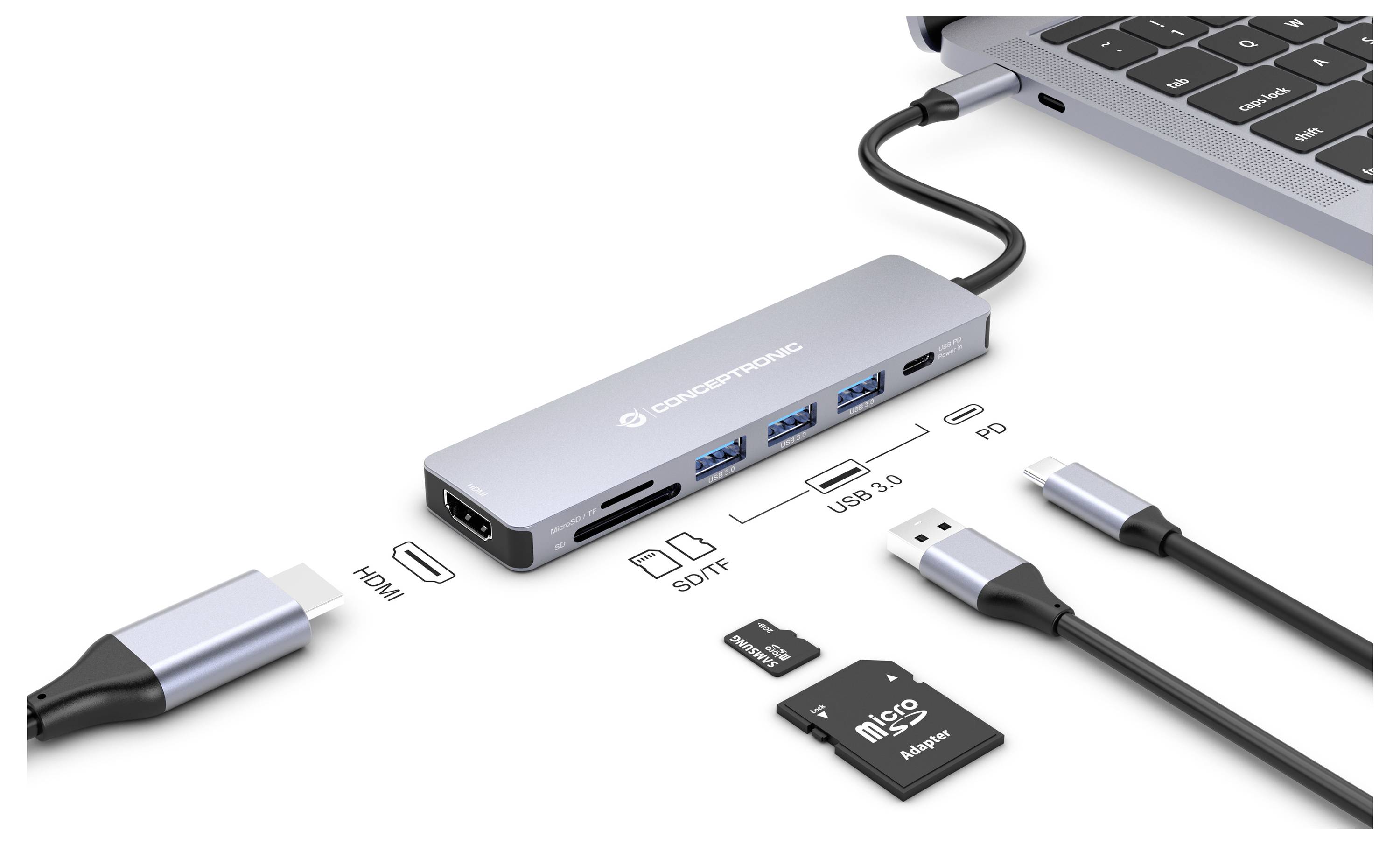 USB-C-Hub, der mit einem Laptop verbunden ist und mehrere Anschlüsse für HDMI, USB 3.0, SD- und microSD-Kartensteckplätze sowie ein Ladekabel zeigt.