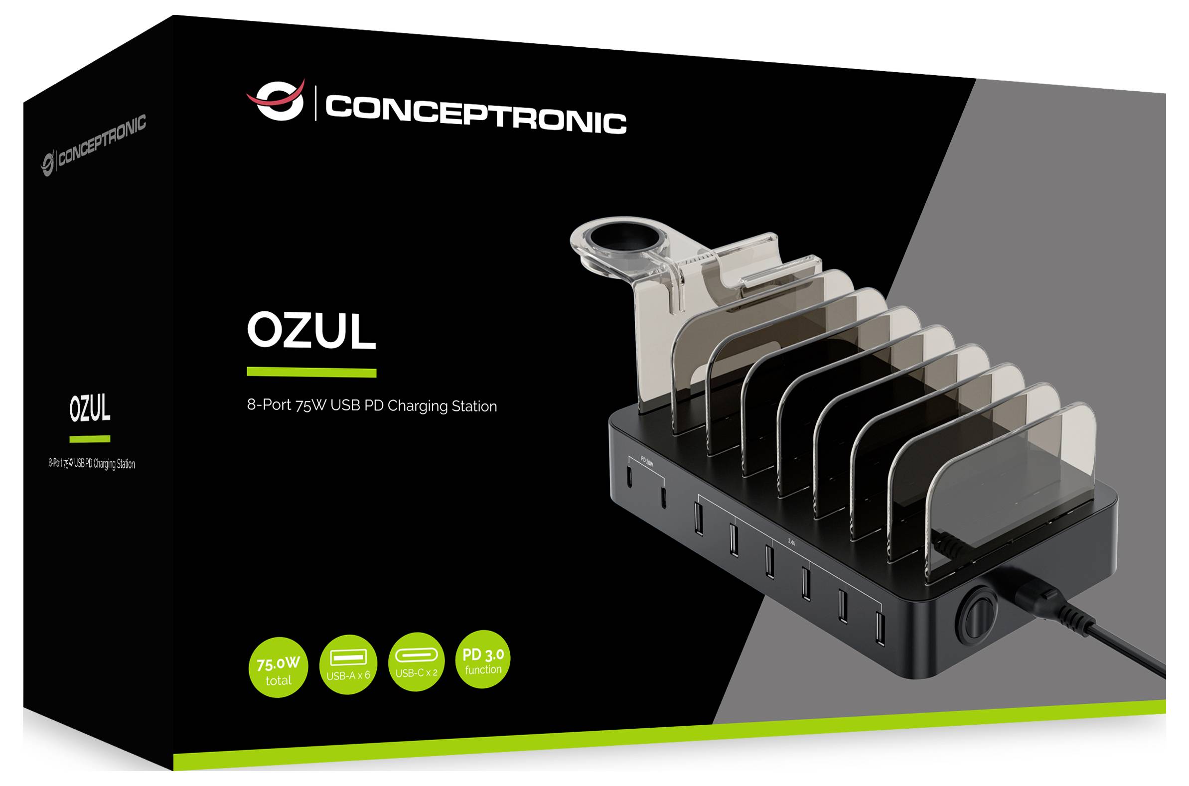 Conceptronic OZUL 8-Port-75W-USB-PD-Ladestation auf der Produktverpackung dargestellt, mit mehreren Geräte-Steckplätzen und abgebildeten USB-Anschlüssen.