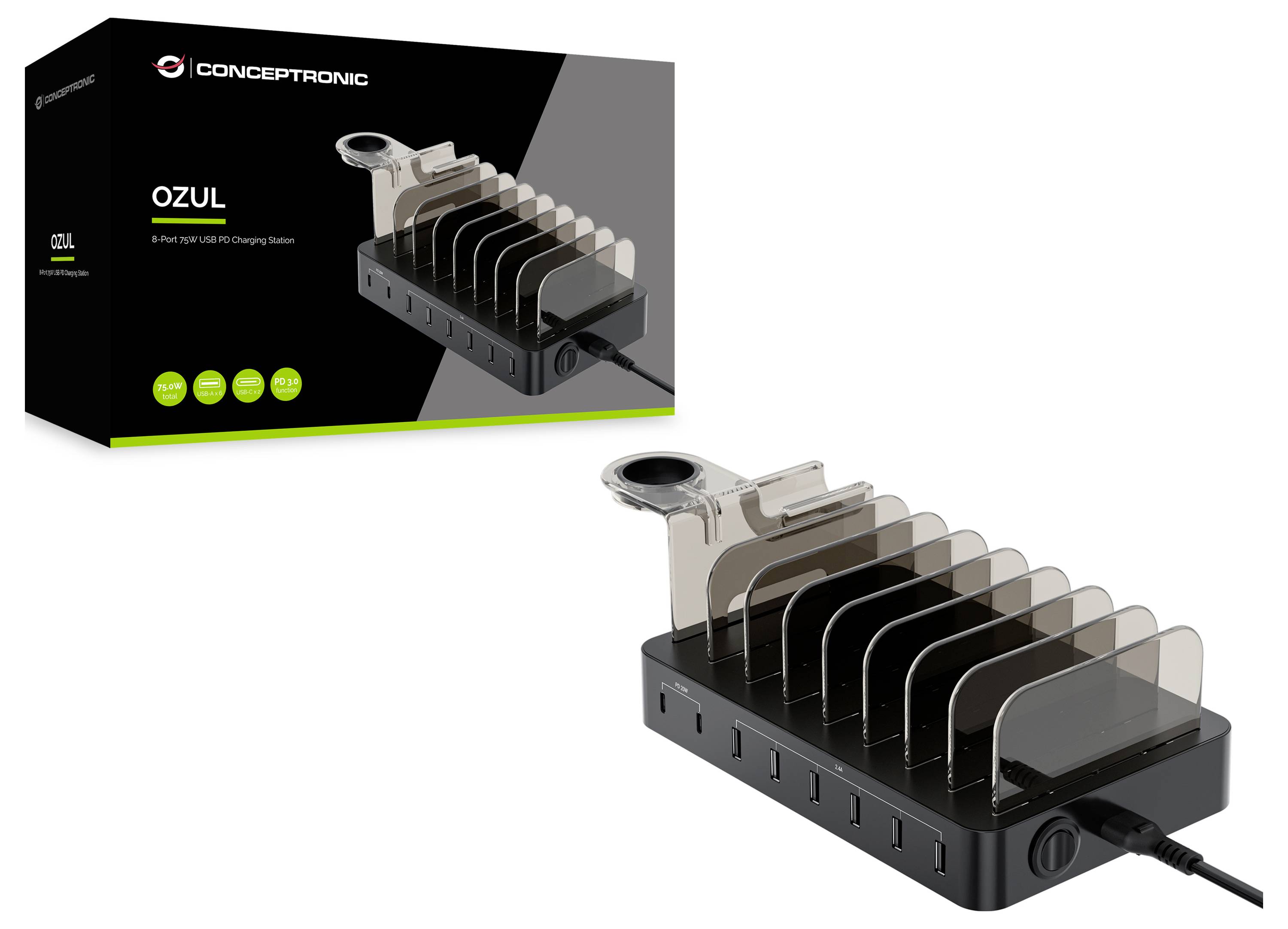 Concepttronix OZUL Multi-Port-USB-Ladegerät in Schwarz, abgebildet mit Produktbox und transparenten nummerierten Trennern zum Organisieren mehrerer Geräte.