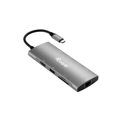 USB-C-Hub mit mehreren Anschlüssen, einschließlich Ethernet- und USB-Verbindungen, auf weißem Hintergrund dargestellt.