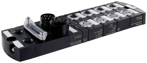 Industriales pneumatisches Ventilblock mit mehreren in einer Reihe verbundenen Magnetventilmodulen, dargestellt auf weißem Hintergrund.