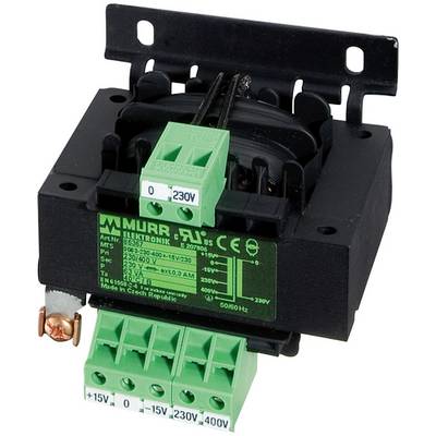 Industrieller elektrischer Transformator mit grünen Anschlussblöcken und Spannungsbeschriftungen, montiert auf einer schwarzen Metallhalterung.