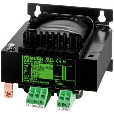 Black Murr Elektronik Elektrotransformator mit grünen Anschlussklemmen und Spezifikationsetikett auf der Vorderseite