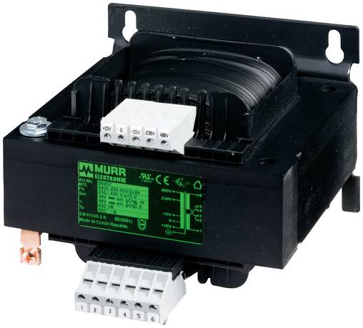 Schwarzes Murrelektronik-Elektronik-Stromversorgungsgerät oder Transformator mit Anschlussblöcken, gezeigt auf weißem Hintergrund.