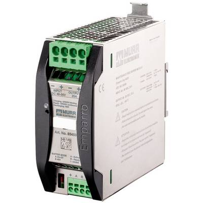 Murr Elektronik Emparro Pufferbaugruppe mit grünen Klemmleisten und Metallgehäuse, eine DIN-Schiene-Stromausfallsicherungseinheit auf weißem Hintergrund.