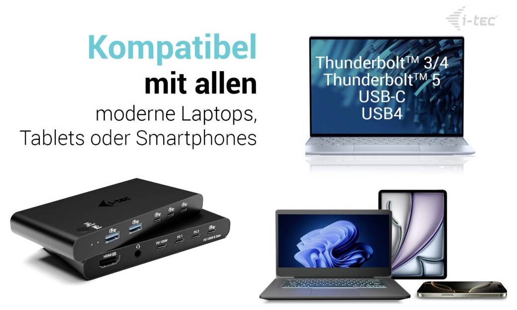 Werbegrafik für eine Dockingstation, die Kompatibilität mit modernen Laptops, Tablets und Smartphones über Thunderbolt 3/4, Thunderbolt 5, USB-C und USB4 zeigt.