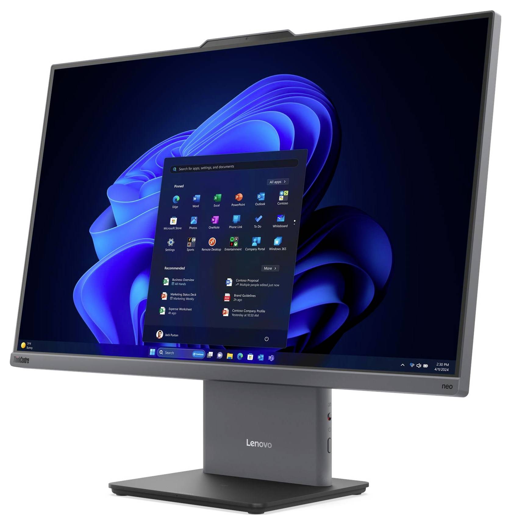 Lenovo Desktop-All-in-One-Monitor zeigt Windows-11-Startmenü auf einem blauen abstrakten Hintergrund.
