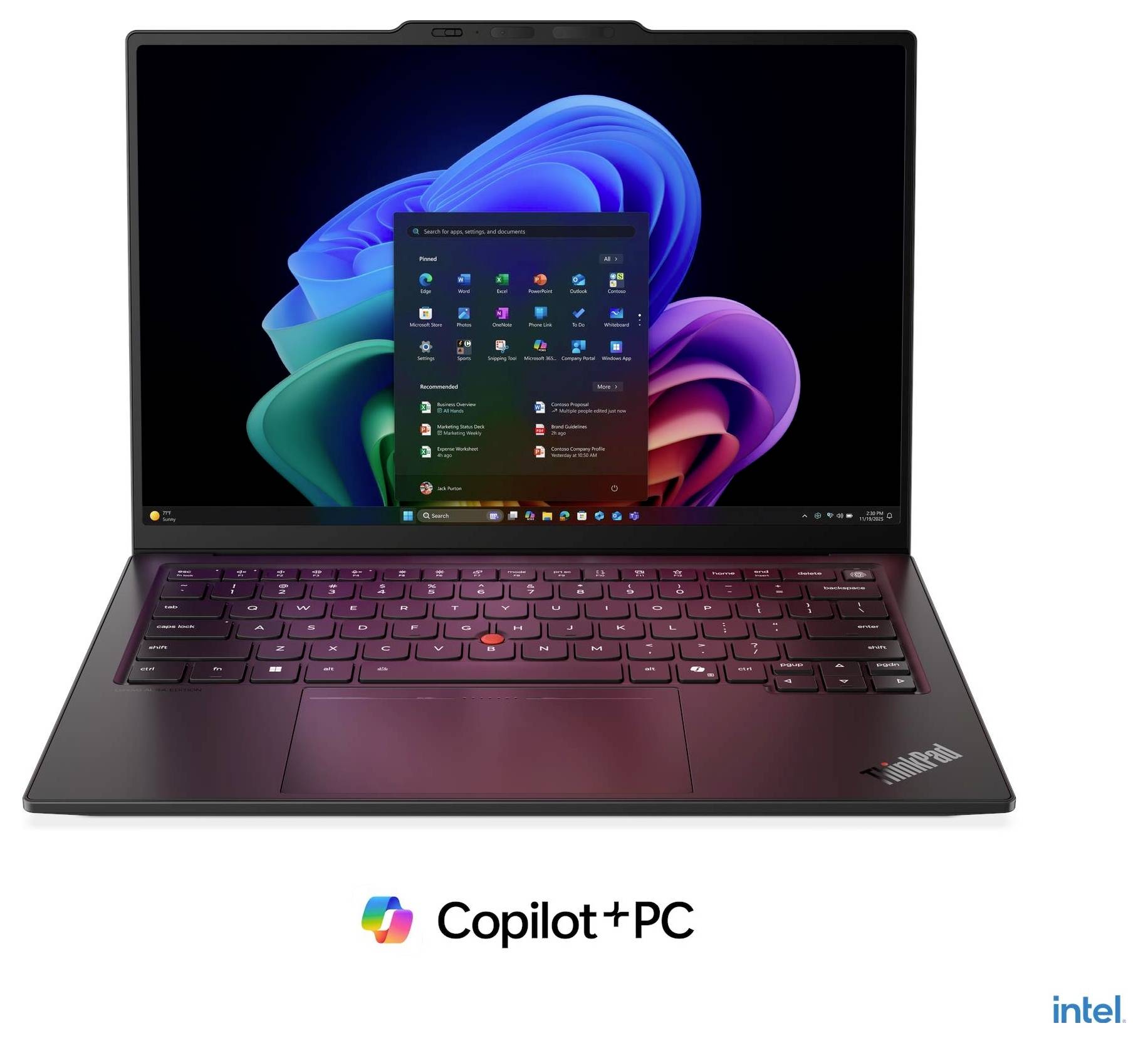 Schwarzer Lenovo ThinkPad-Laptop, teilweise geöffnet dargestellt, mit dem Logo „Copilot+ PC" darunter.