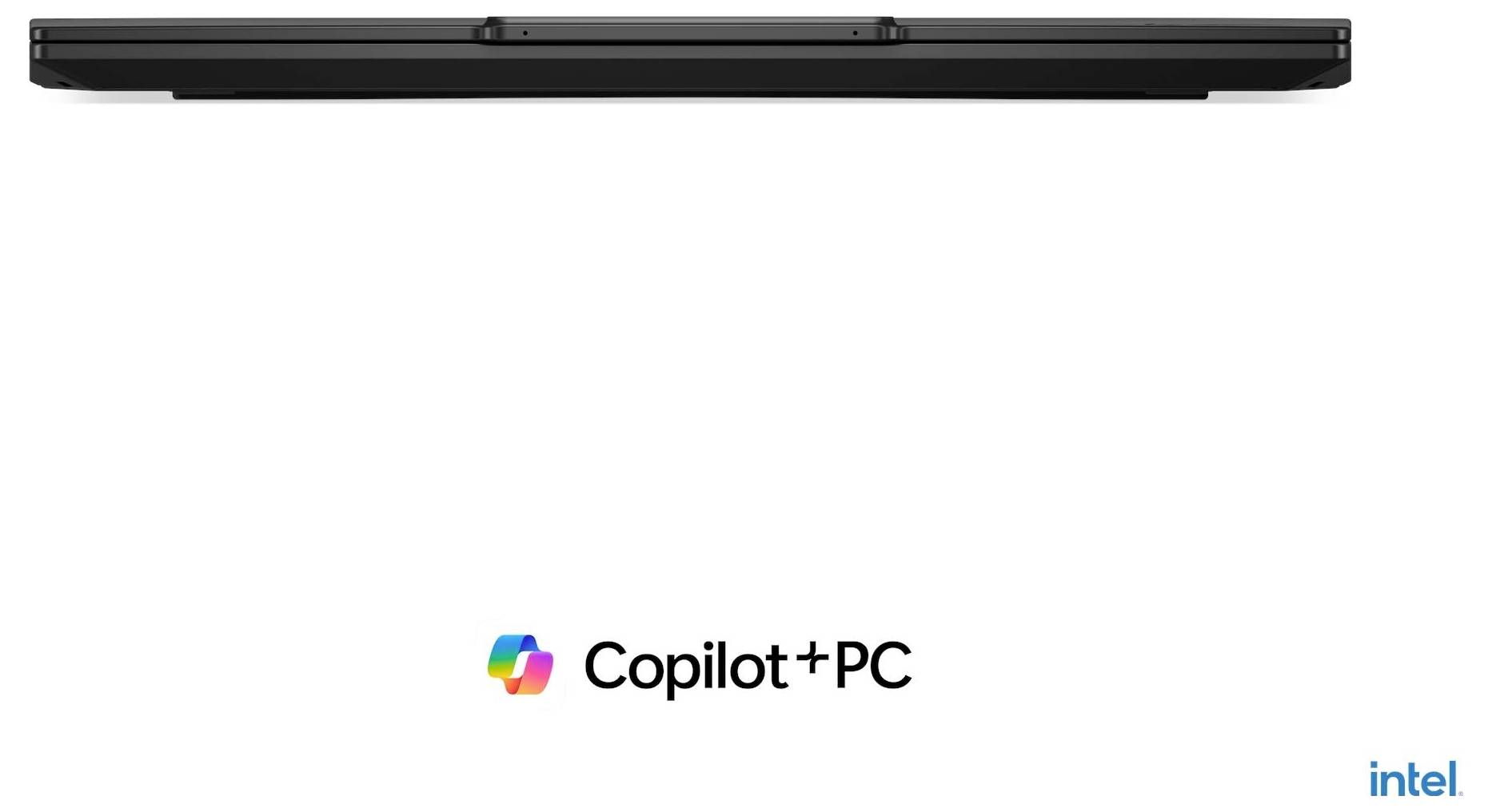 Schlanker Laptop in Vorderansicht mit zentralem "Copilot+ PC"-Logo und Intel-Logo unten rechts auf weißem Hintergrund.