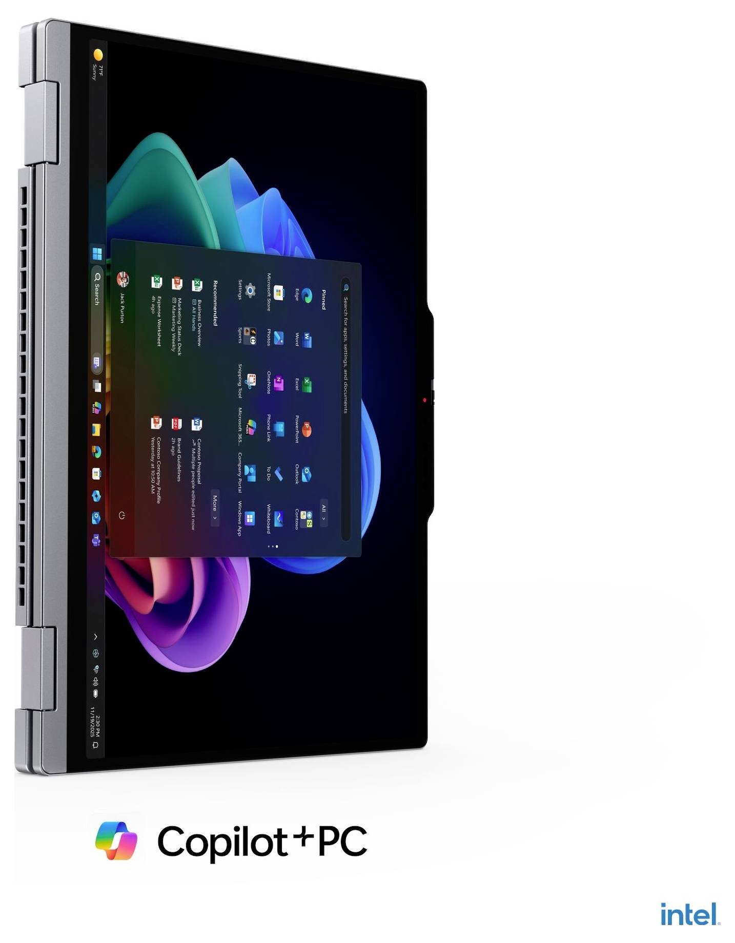 Tragbarer Faltcomputer im Zeltmodus mit geöffnetem Windows 11-Startmenü, gekennzeichnet mit "Copilot+PC" und Intel-Logo darunter.