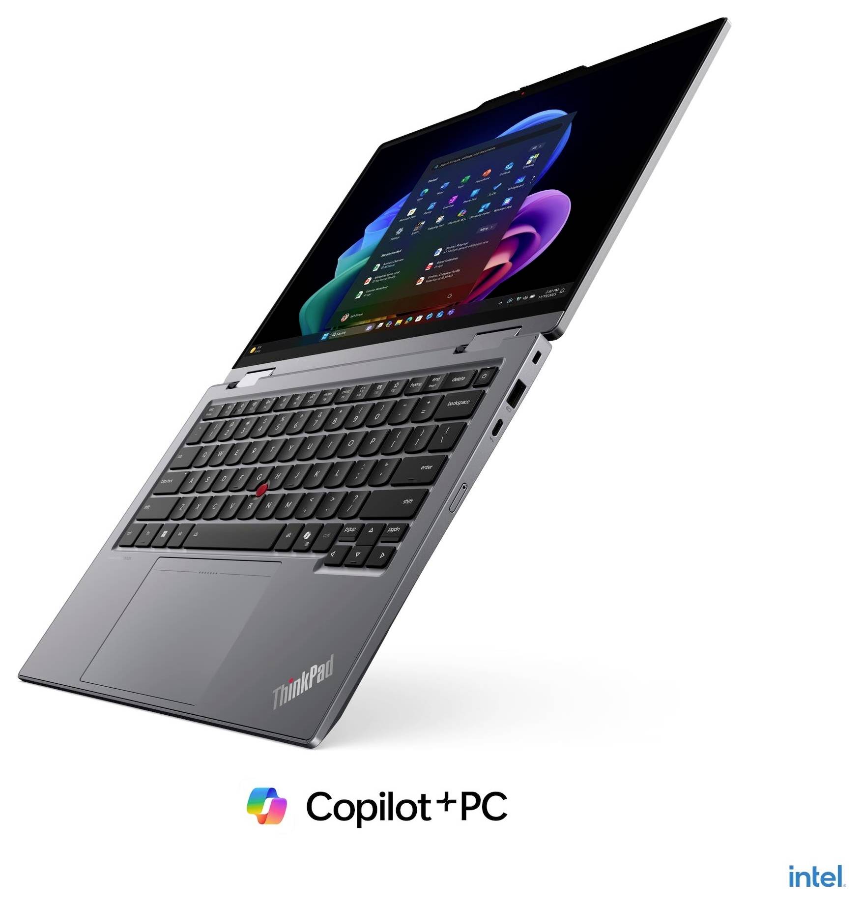 Ein aufgeklappter Lenovo ThinkPad-Laptop, der in einem Winkel gezeigt wird, mit Windows auf dem Bildschirm und „Copilot+ PC"- und Intel-Branding darunter.