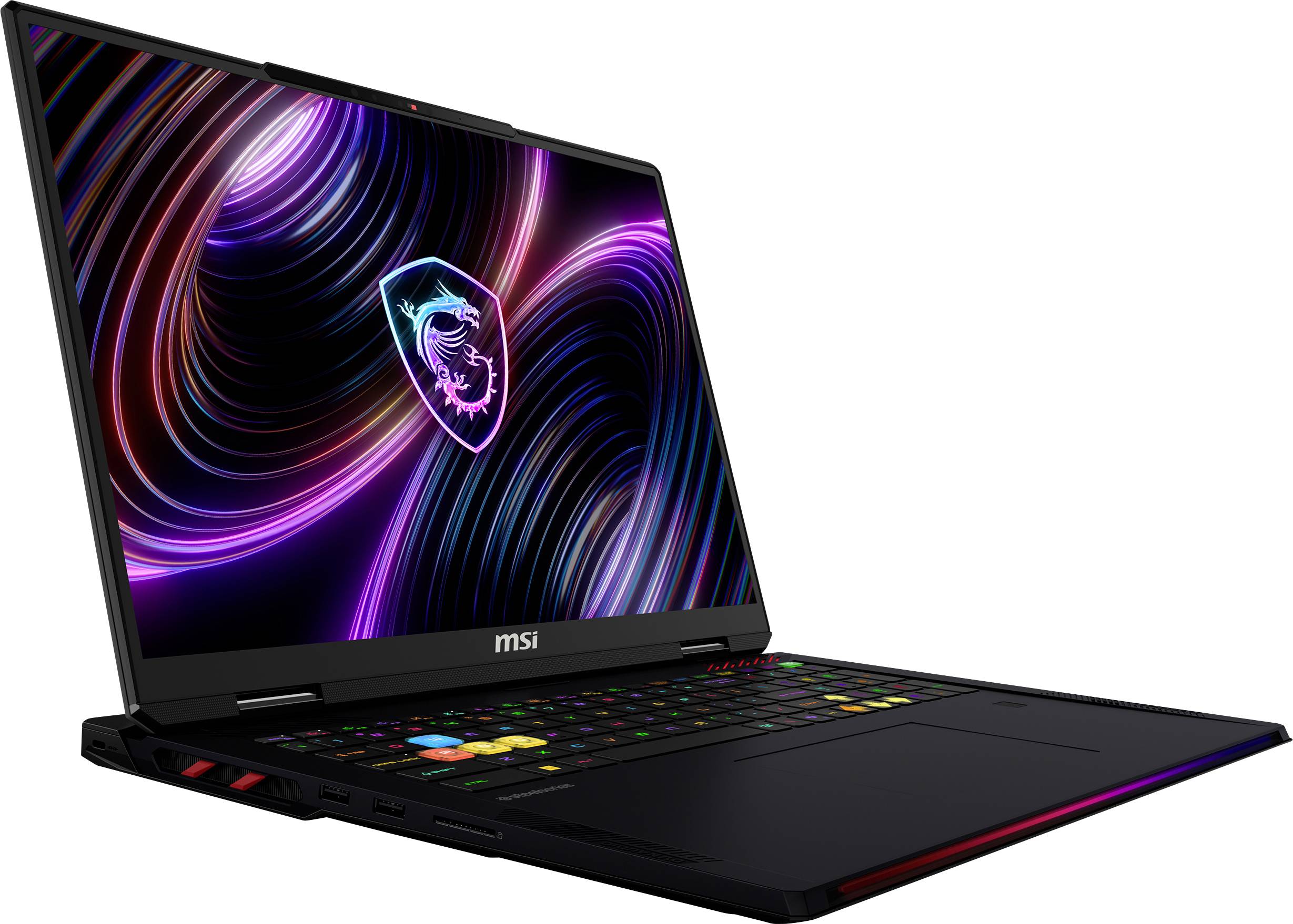 Aufgeklappter MSI Gaming-Laptop mit beleuchteter RGB-Tastatur und buntem Drachenlogo auf dem Bildschirm, gezeigt in angewinkelter Seitenansicht auf weißem Hintergrund