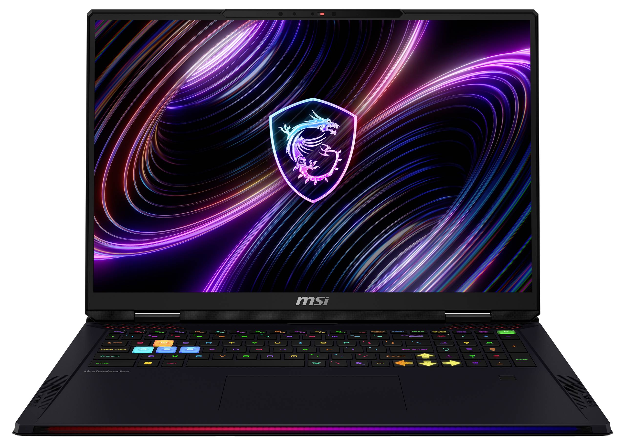 Schwarzer MSI Gaming-Laptop auf weißem Hintergrund, mit einem neongrünen MSI-Drachen-Logo-Hintergrundbild und RGB-beleuchteter Tastatur und vorderer Kante.