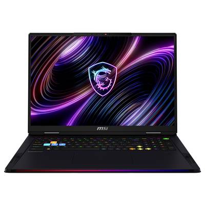 Schwarzer MSI Gaming-Laptop auf weißem Hintergrund, mit einem neongrünen MSI-Drachen-Logo-Hintergrundbild und RGB-beleuchteter Tastatur und vorderer Kante.