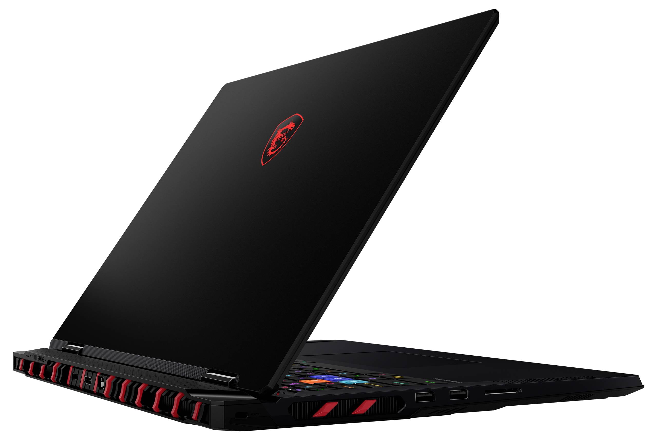 Zwei offene schwarze Gaming-Laptops von der Seite gezeigt, mit roten Akzenten und beleuchteten hinteren Lüftungsöffnungen, auf einem Deckel ist ein rotes Drachenlogo zu sehen.