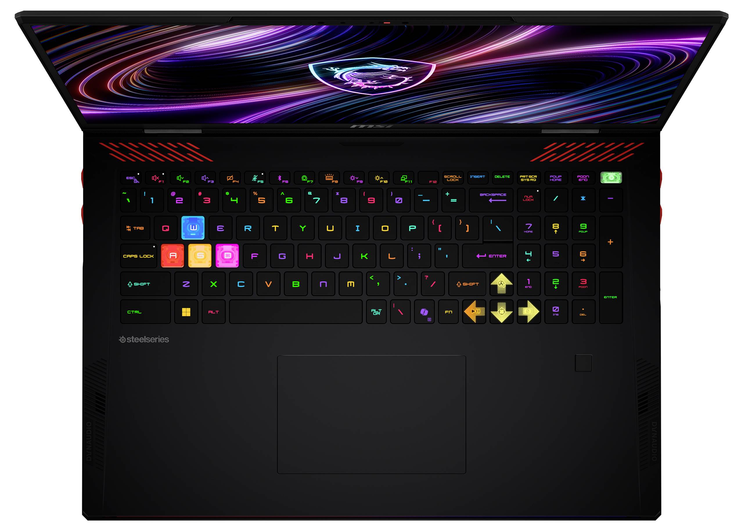 Offener Gaming-Laptop mit farbenfroher RGB-Tastatur und animiertem Neon-Display auf dem Bildschirm.