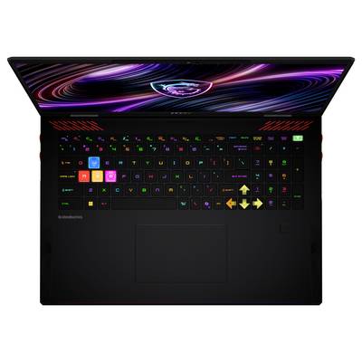 Offener Gaming-Laptop mit farbenfroher RGB-Tastatur und animiertem Neon-Display auf dem Bildschirm.