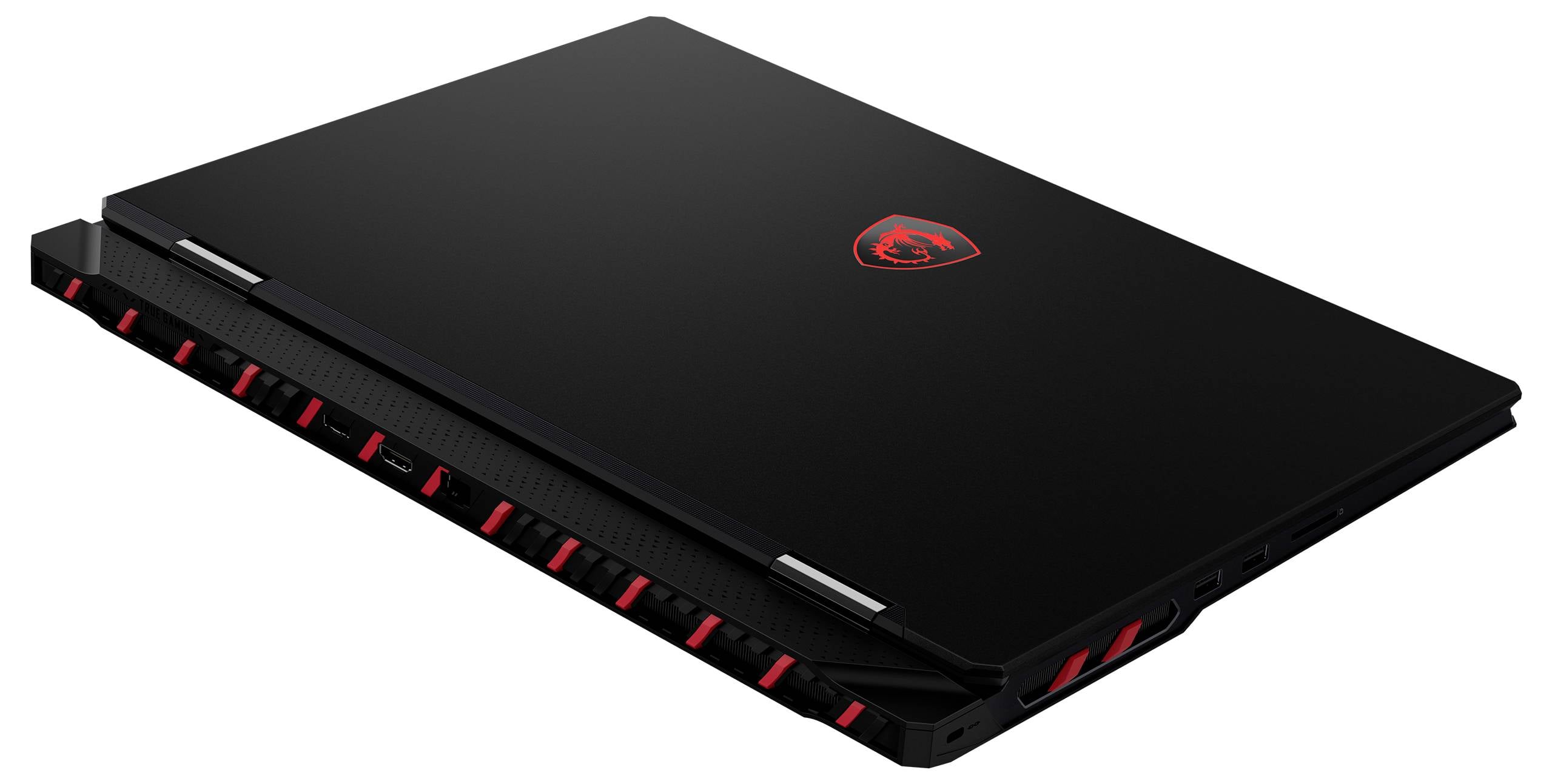 Geschlossener schwarzer MSI Gaming-Laptop mit roten Akzenten, in einer Schrägansicht auf weißem Hintergrund dargestellt.