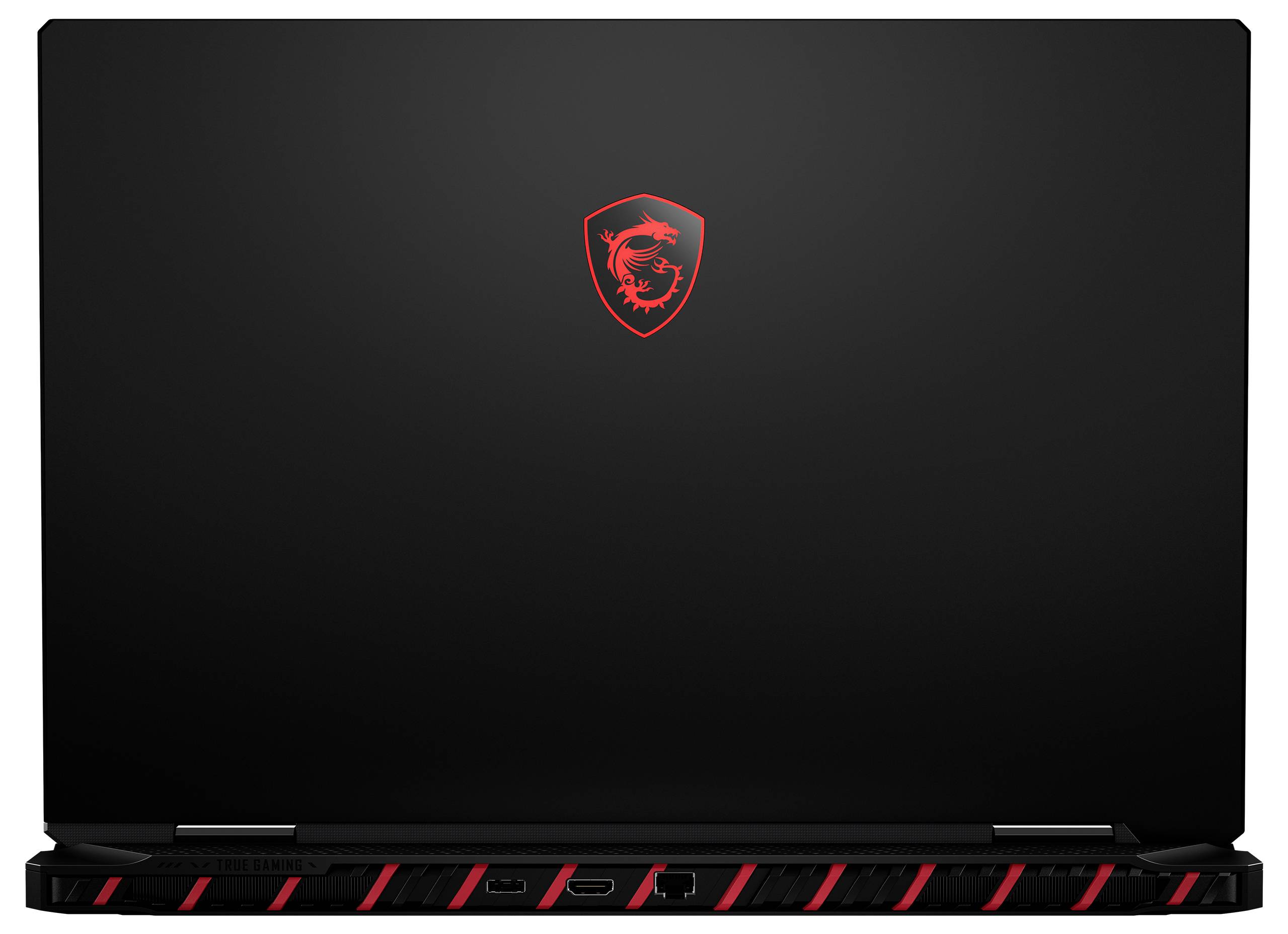 Schwarzer MSI-Laptop mit rotem Drachensymbol und rot gestreiftem Fuß, von vorne in geschlossenem Zustand dargestellt.