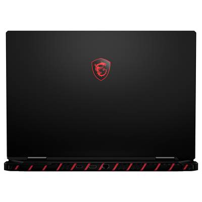 Schwarzer MSI-Laptop mit rotem Drachensymbol und rot gestreiftem Fuß, von vorne in geschlossenem Zustand dargestellt.