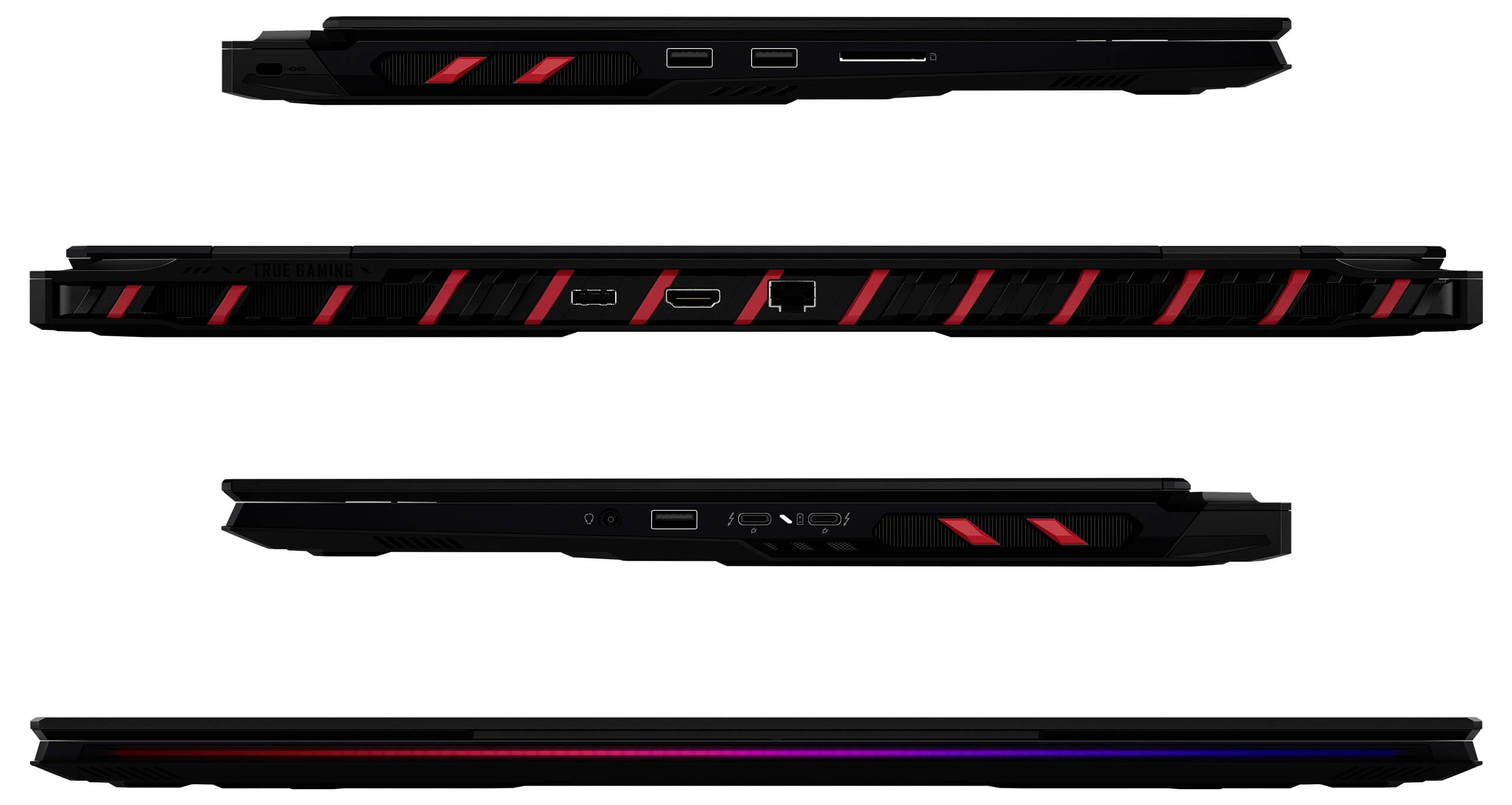 Vier Ansichten einer schlanken schwarzen Laptop- oder Tablet-Kante mit roten Akzenten, die Anschlüsse und Lüftungsöffnungen an den Seiten zeigen.