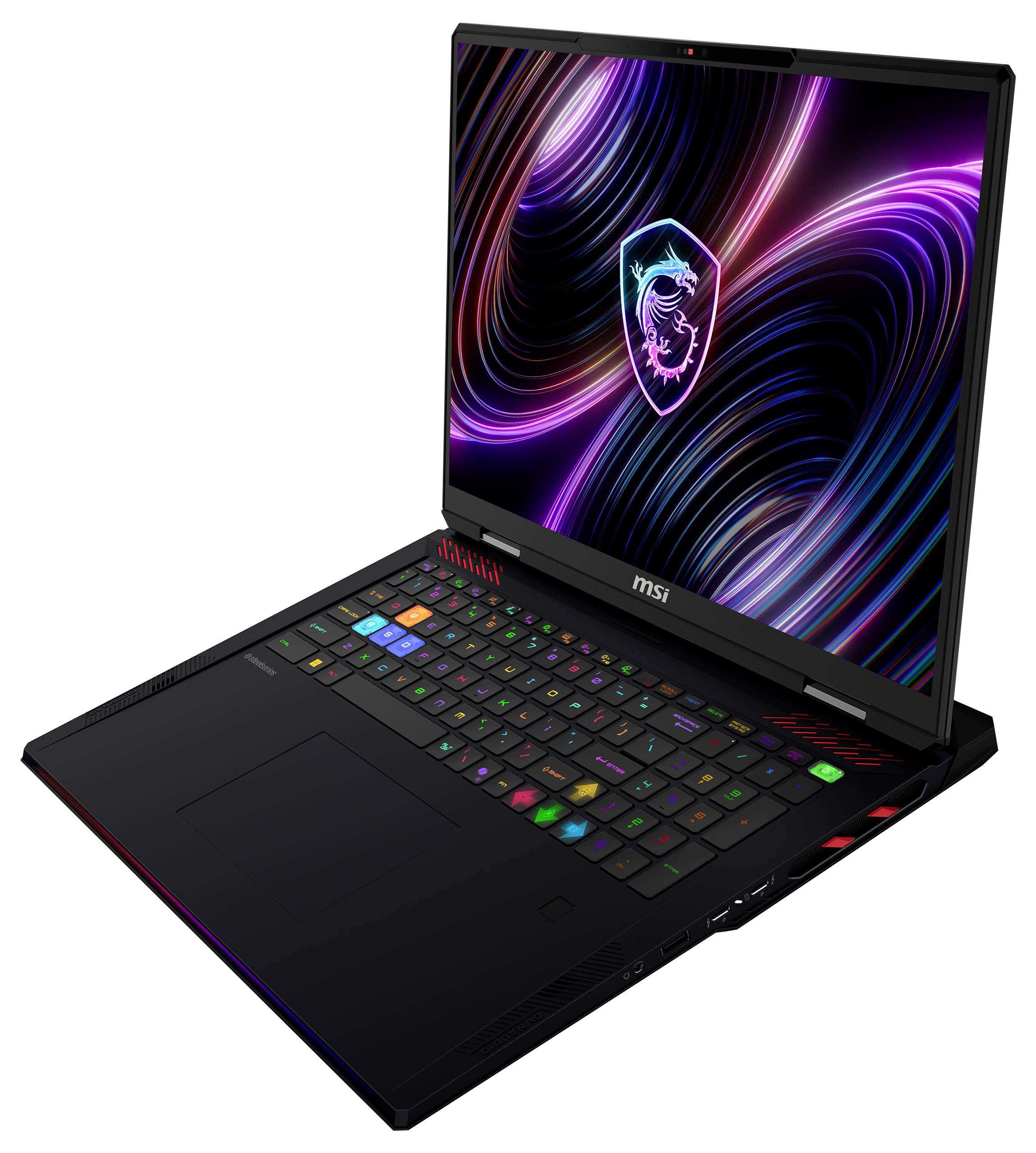 MSI Gaming-Laptop mit RGB-Hintergrundbeleuchtung der Tastatur und neonabstraktem Hintergrundbild auf dem Bildschirm.