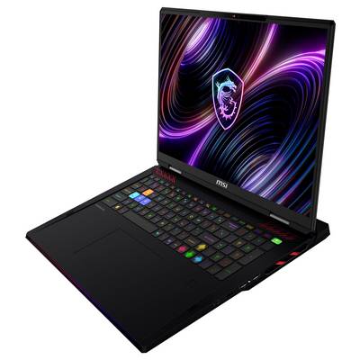 MSI Gaming-Laptop mit RGB-Hintergrundbeleuchtung der Tastatur und neonabstraktem Hintergrundbild auf dem Bildschirm.